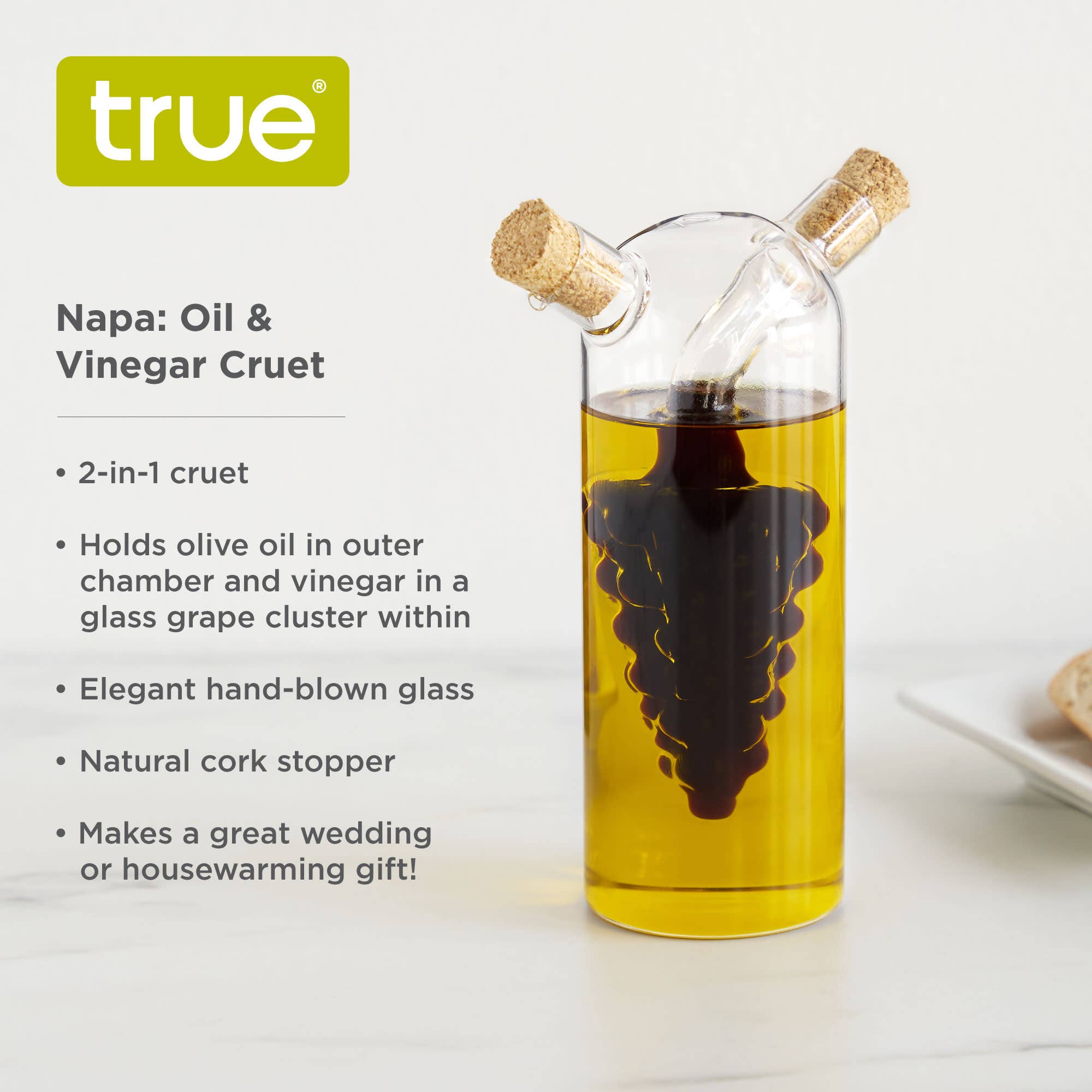 TRUE - Wholesale Oil/Vinegar Dispenser - Napa Hand Blown Glass 2in1 Oil and Vinegar Cruet with Corks3