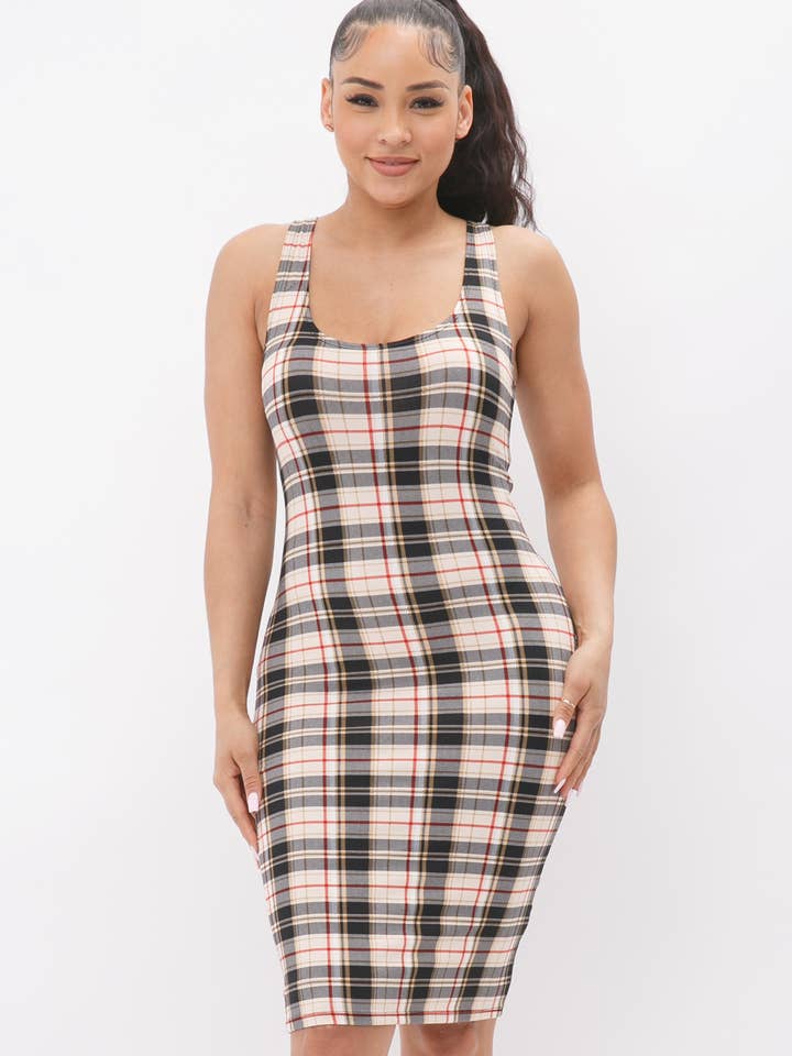 Tan Plaid Print Tank Midi Dress for wholesale on Faire