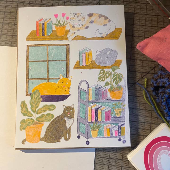 Kitty Library Risograph for wholesale by mad dog studio