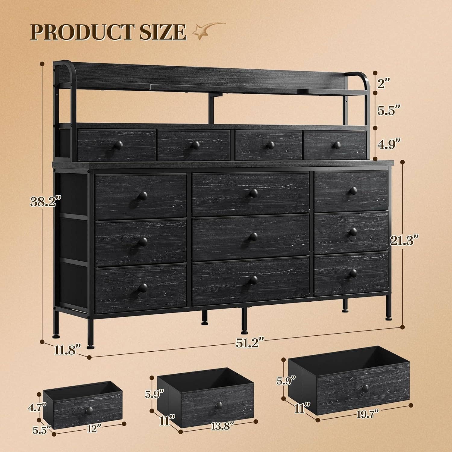 51.2 Inch Wide Black Dresser With 13 Drawers And LED Lights for wholesale on Faire1