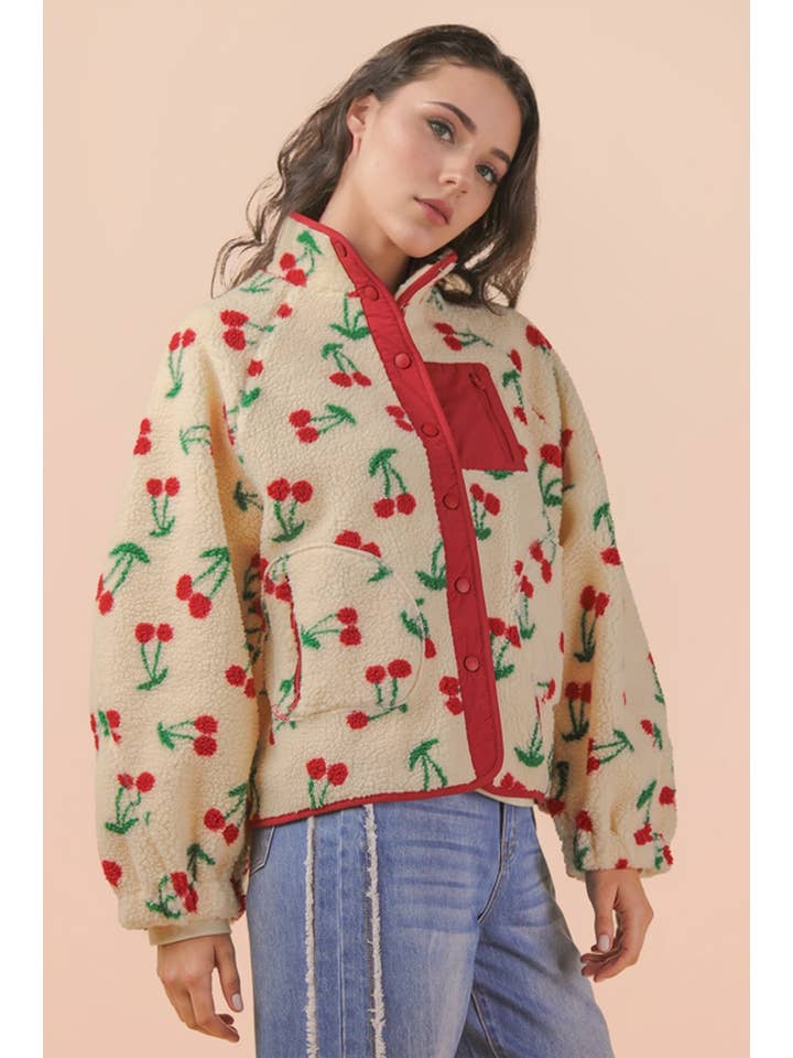 VERY J - Wholesale Jacket - Women's - NJ90423-Leopard & Cherry Printed Fleece Oversized Jacket7