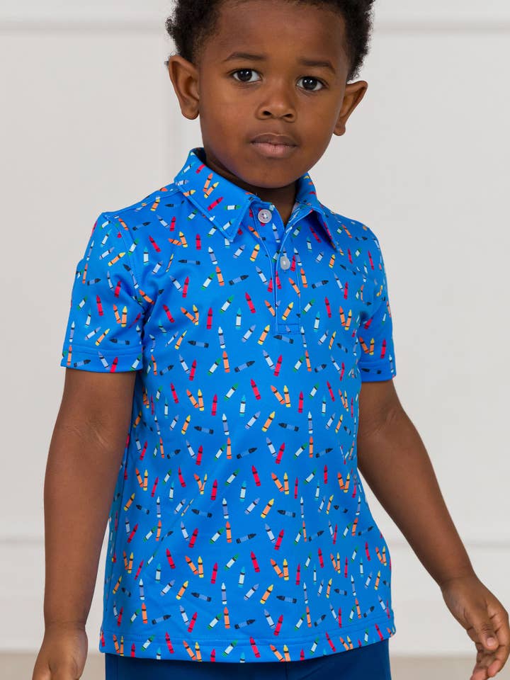 Polo de rendimiento de manga corta de punto con crayones pequeños para niños. para venta al por mayor de RuffleButts + RuggedButts