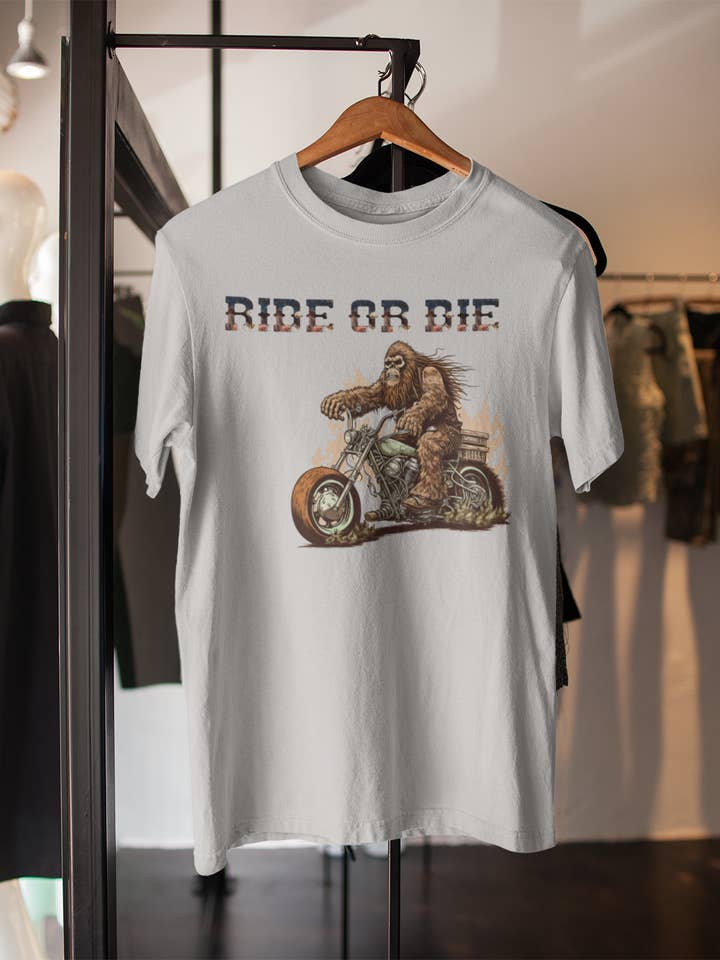 Squatchin’ Country - Wholesale T-Shirt (Graphic) - Unisex - Ride or Die on grey t-shirt - Biker Squatch Collection
