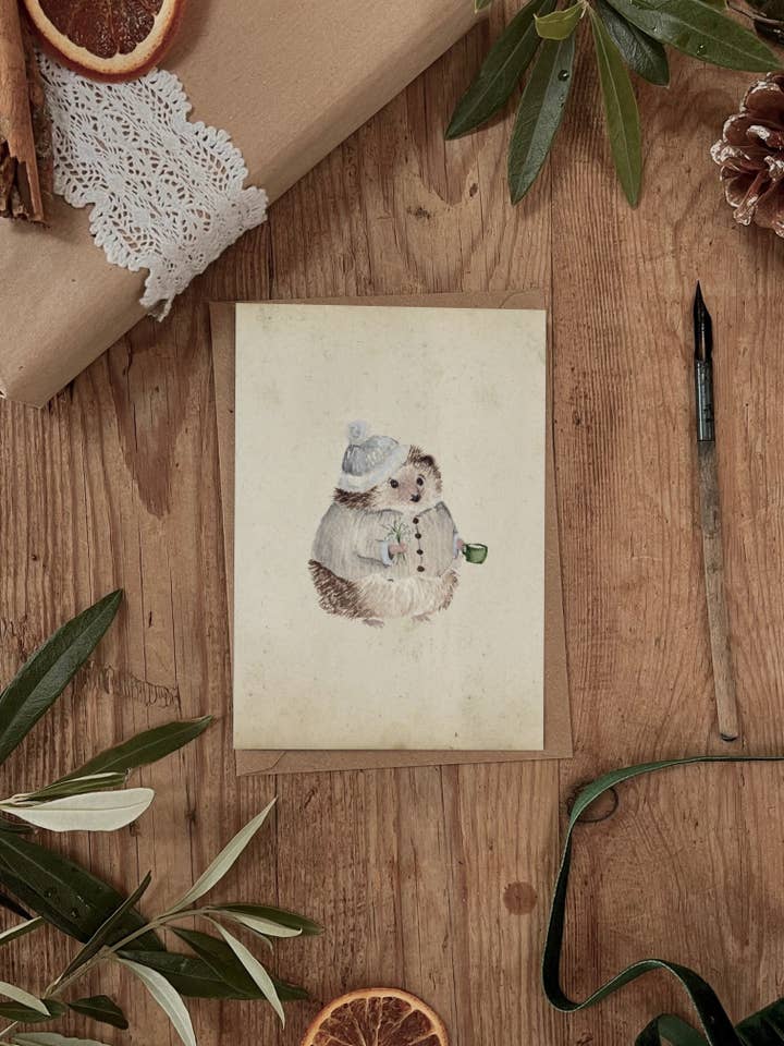 Vintage Cosy Winter Hedgehog Christmas Card for wholesale by Brooke Marie