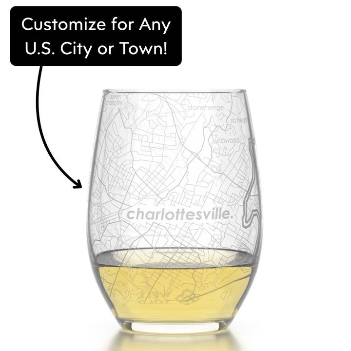 GRAVURE PERSONNALISÉE - Carte de ville / village des États-Unis - Verre à vin sans pied pour la vente par Well Told