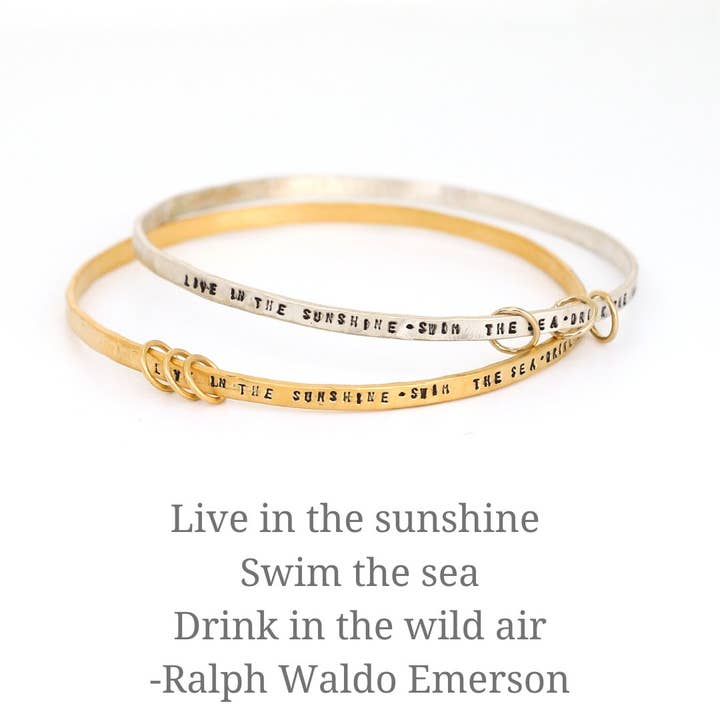 "Live in the sunshine, swim the sea, drink the wild air" Ralph Waldo Emerson quote bangle for wholesale by Chocolate and Steel