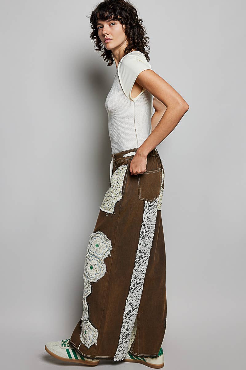 Pol Clothing - Vente Jean – femme - Pantalon en denim à cordon de serrage avec empiècement floral15