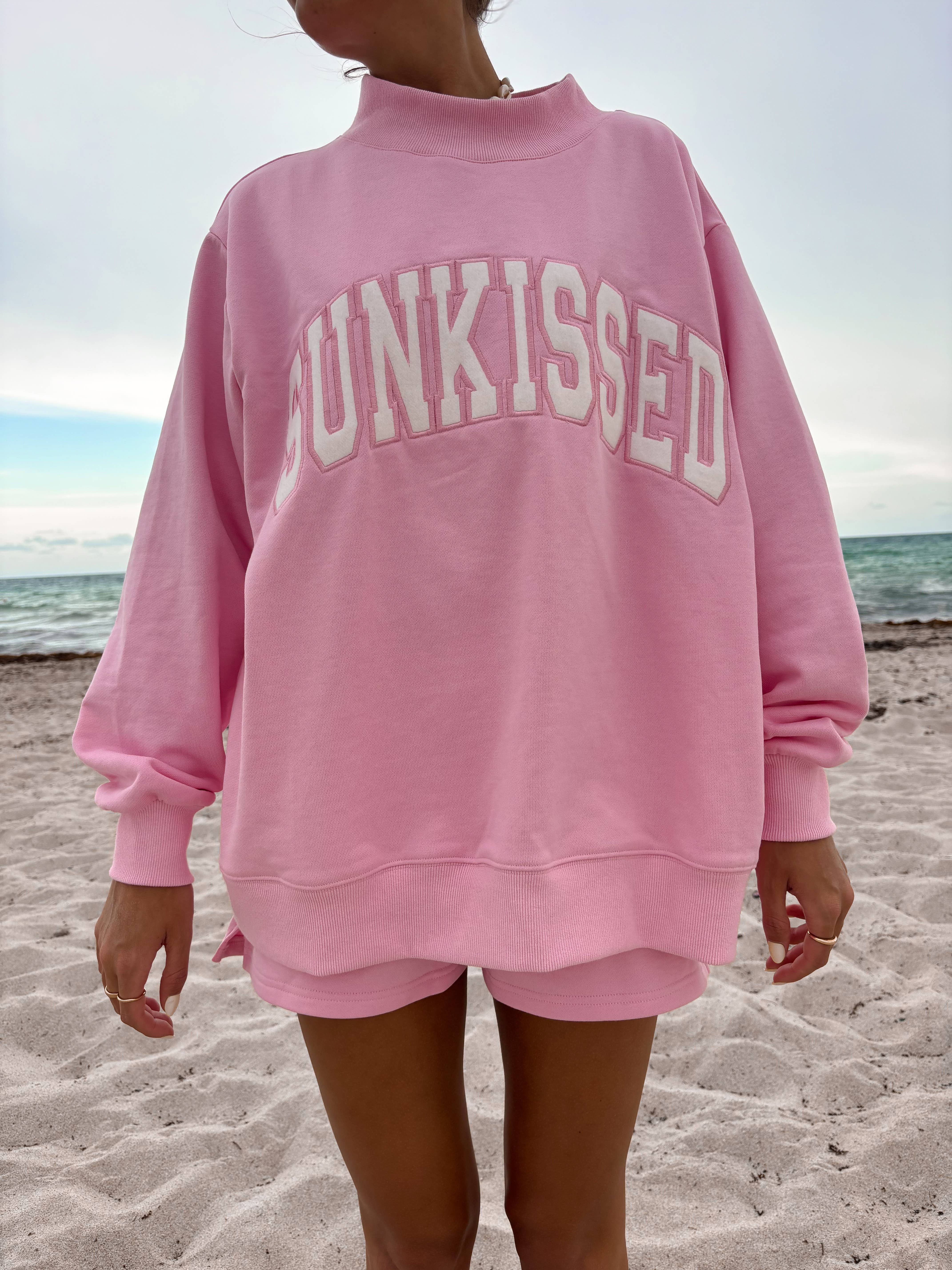 Lottie Pink Varsity Sunkissed Embroidered Mockneck Sweatshirt 100% Cotton for wholesale on Faire4