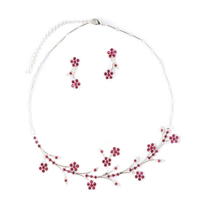 (70646A110) Silver Fuchsia 17" Flower Necklace Jewelry Set for wholesale by Cool Crystals