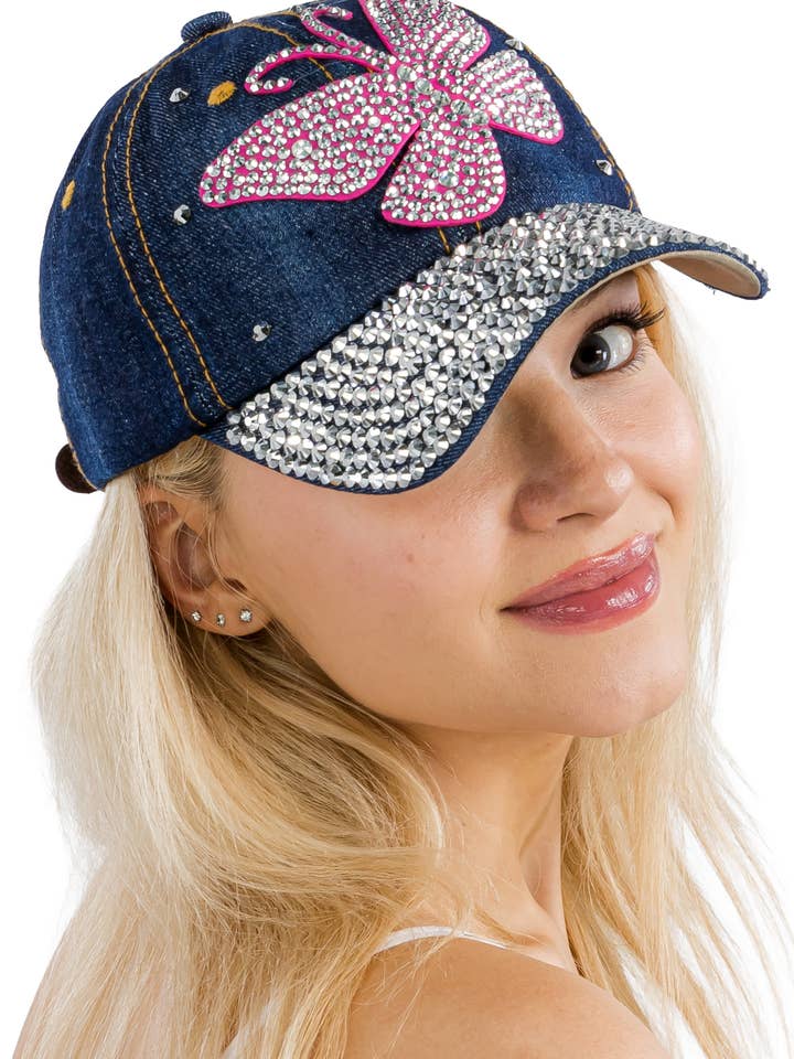 Casquette en denim bleu foncé avec papillon scintillant pour la vente par Cap Zone