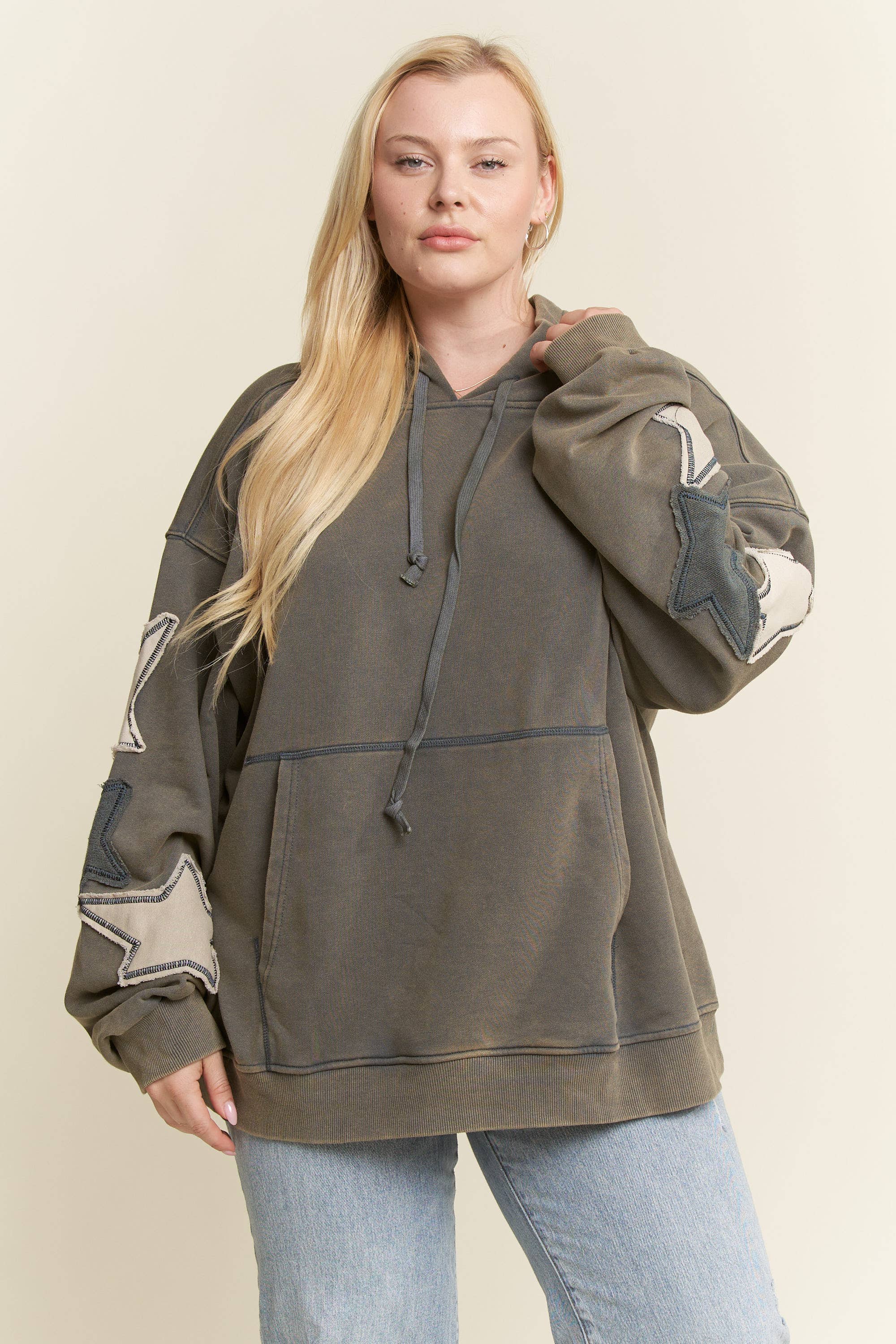 JADE BY JANE PLUS - Wholesale Hoodie - Dames - PLUS SIZE MINERAAL GEWASSEN LANGEMOUWEN STER GEPATCHTE HOODIE9