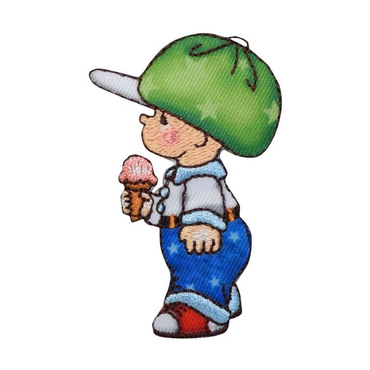 Little Boy Eating Ice Cream Wearing Green Cap and Overalls - Embroidered Iron on Patch for wholesale by Wholesale Applique