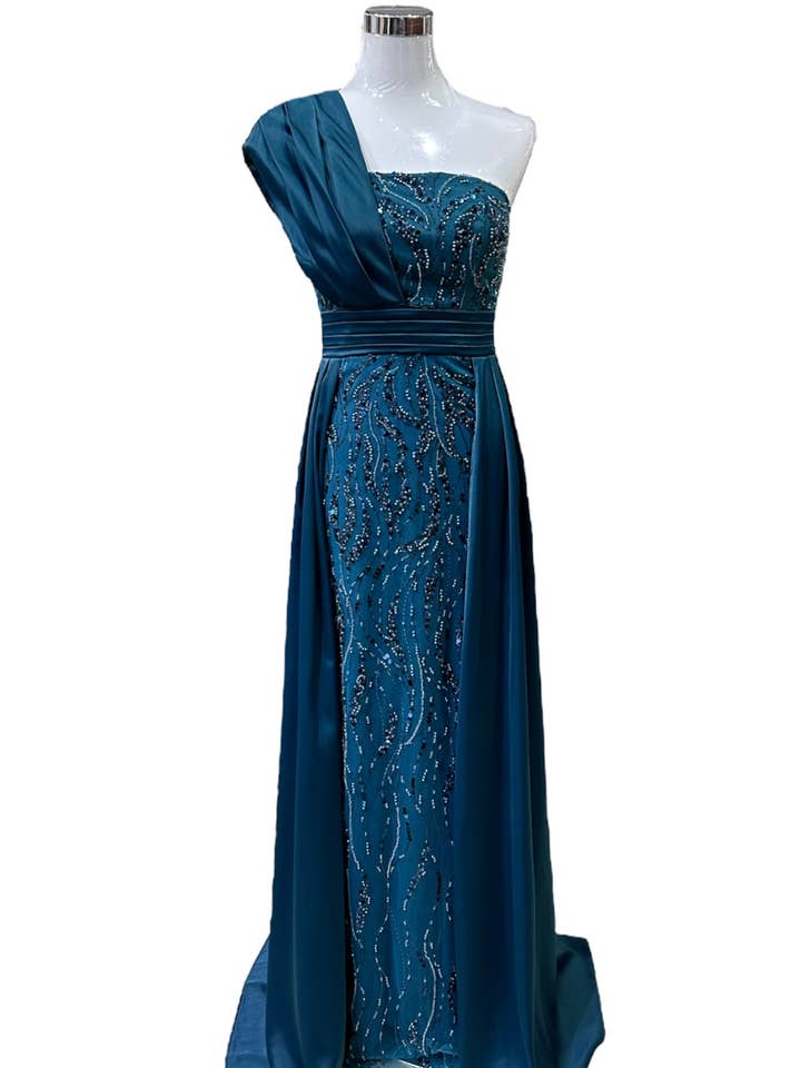 Robe de soirée longue perlée Bleu canard pour la vente par Les Voiliers