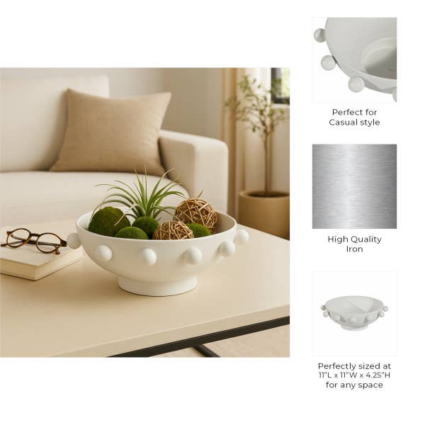 Sagebrook Home - Wholesale Decorative Plate/Dish/Bowl - Decorative Bowl - White Iron/Fir Wood Hobnail, 11 in.4