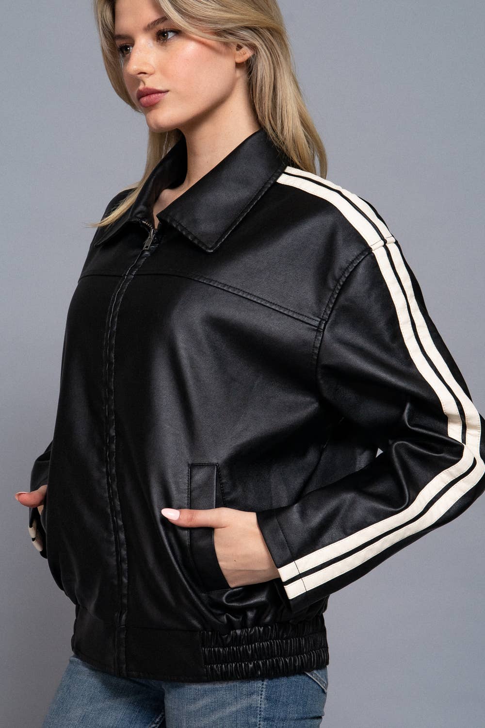 Active Basic | Active USA - Wholesale Leather Jacket - Women's - Long Sleeve Line Detail Faux Leather Jacket12