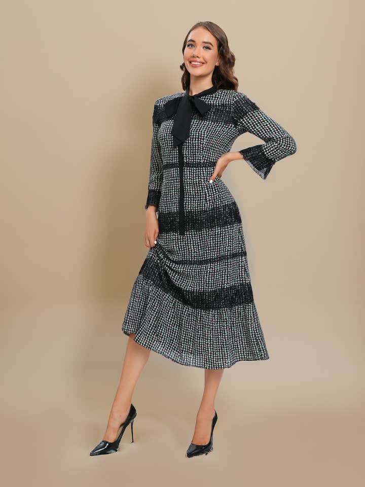 Classic Tweed Shift Dress with Bow Collar Detail for wholesale by Miss Finch NYC