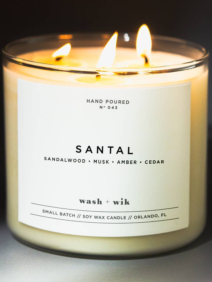Santal Soy Wax Candle | Amber | Musk | Cedar - 3 Wick for wholesale by Wash and Wik