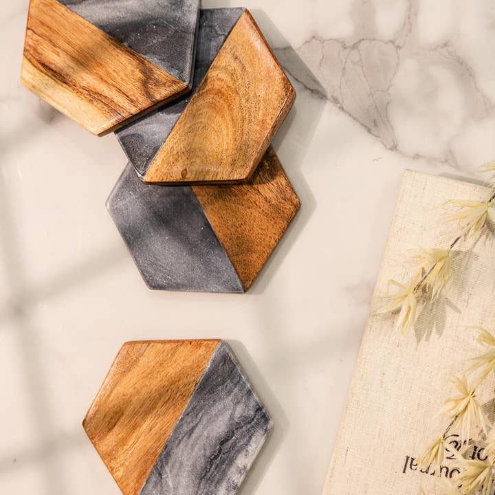 LuxeDesigns Co LLC - Wholesale Coasters - Artisan Marble and Wood Hexagon Coaster Set of 4 - Black1