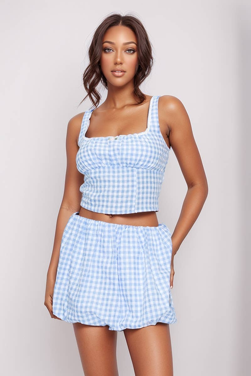 5besties inc – Engroshandel Top- og nederdelsæt - Dame – GINGHAM CROP TOP OG BUBBELNEDERDEL SÆT2
