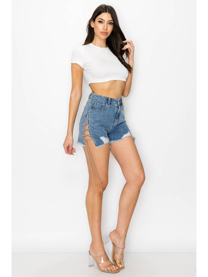 Med Medium Denim Distraherede denimshorts med sidekæde og snørebånd for engroshandel på Faire