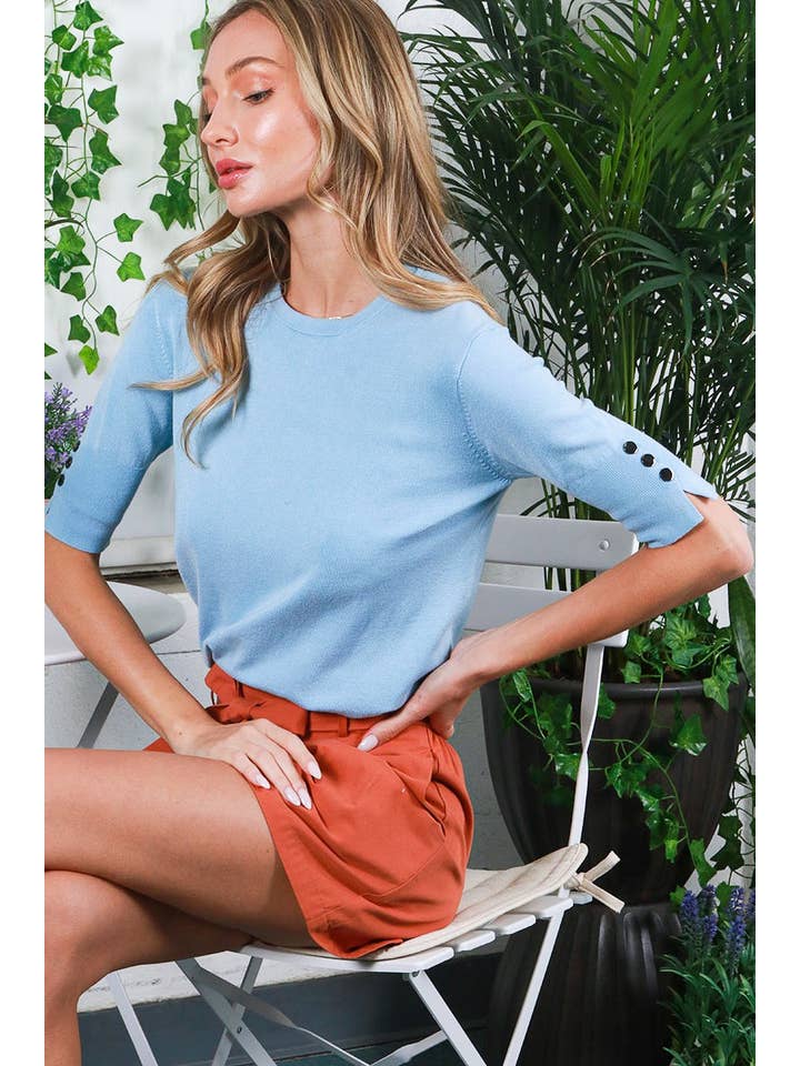 Vine & Love - Wholesale Knit Sweater - Women's - Crew Neck Short-Sleeve Button Detail Sweater Top VT81653-3