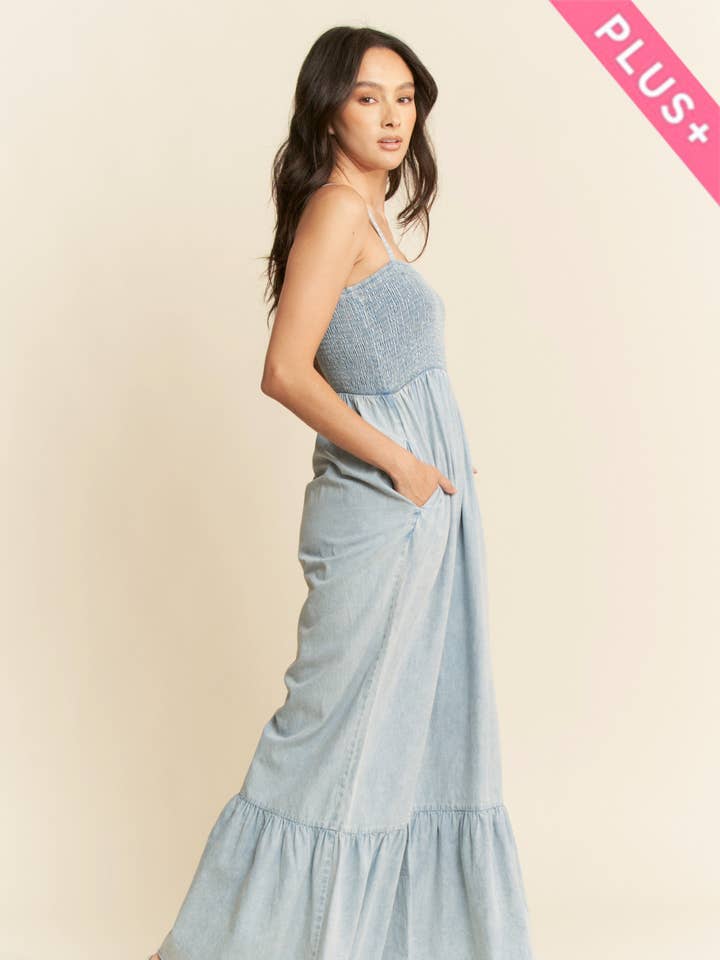 PLUS MINERAL WASHED SMOCKING BODICE JUMPSUIT for wholesale by Davi & Dani