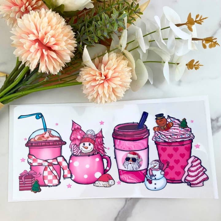 Pink Snowman Coffee Cup | 16 oz UV DTF Wrap for wholesale by HKS Custom Designs