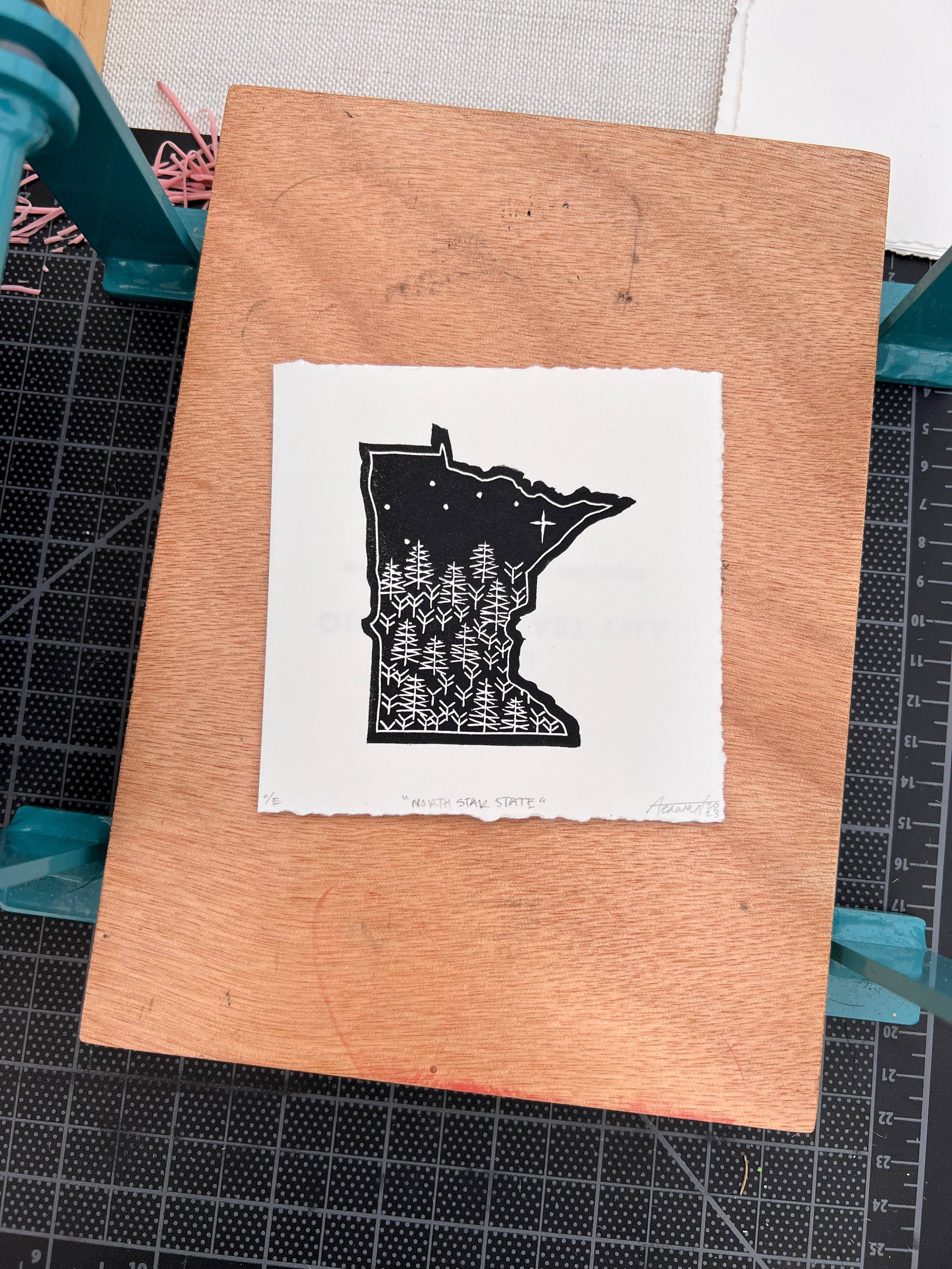 Amy Teawalt Studio - Wholesale Art Print - "North Star State" Studio Sampler Linocut Print 4x4" | Hand Printed Black and White Block Print1