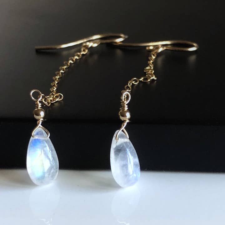 Long rainbow moonstone earrings, Threader for wholesale by SEQAY