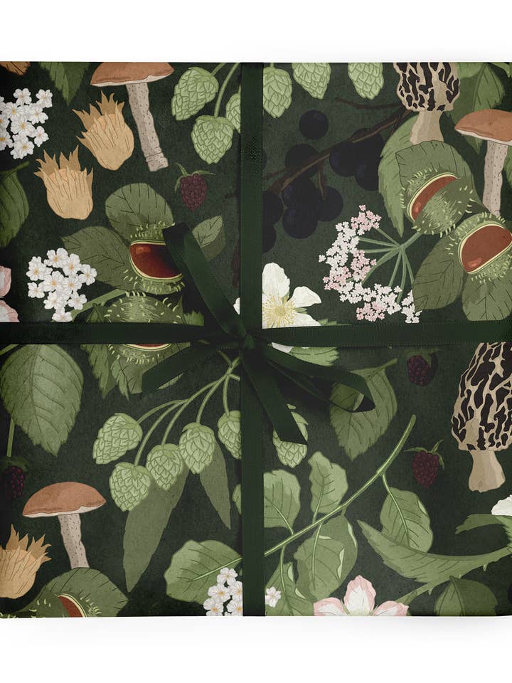 Forage - Autumn Winter Foraging Green Floral Gift Wrap Sheet for wholesale by Wildwood Paper