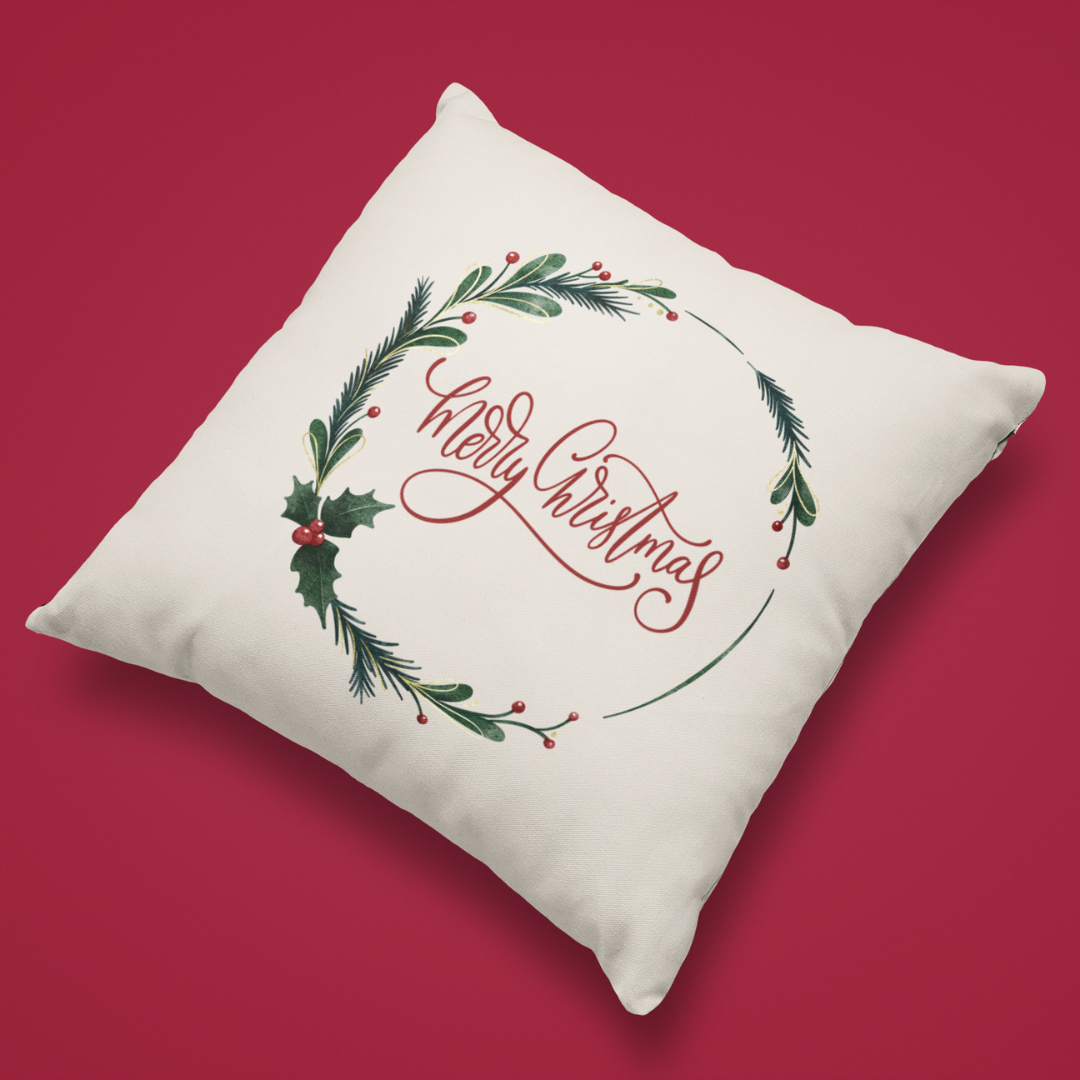 Go Charlotte - Wholesale Throw Pillow Cover - Merry Christmas Holly Wreath Pillow Cover1