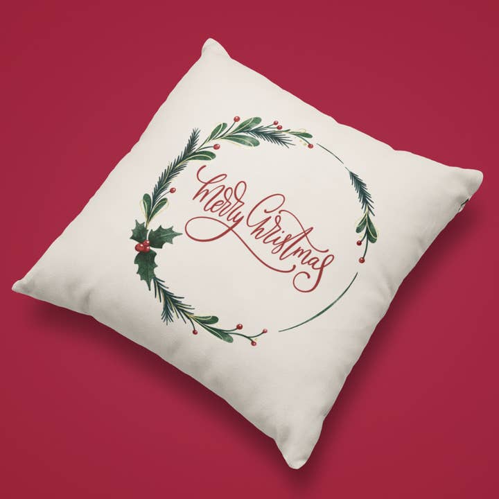 Go Charlotte - Wholesale Throw Pillow Cover - Merry Christmas Holly Wreath Pillow Cover1