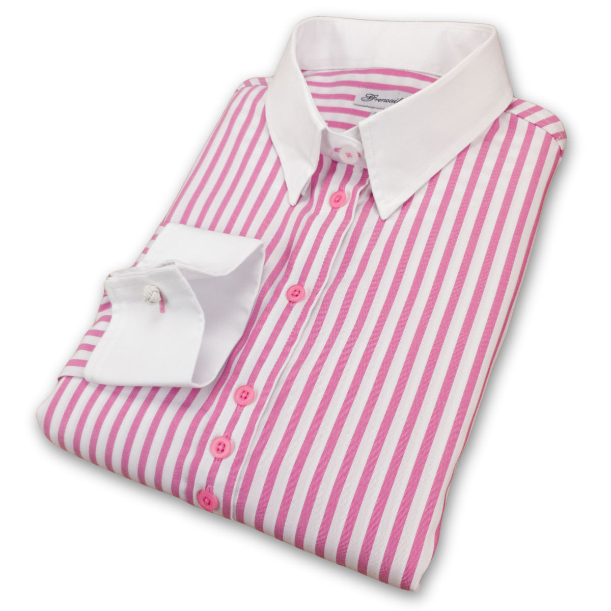 Salamander Shirts Ltd – wholesale Tröjor – Dam – Grenouille damskjorta med rosa och vita ränder, fransk dubbelmanschett3