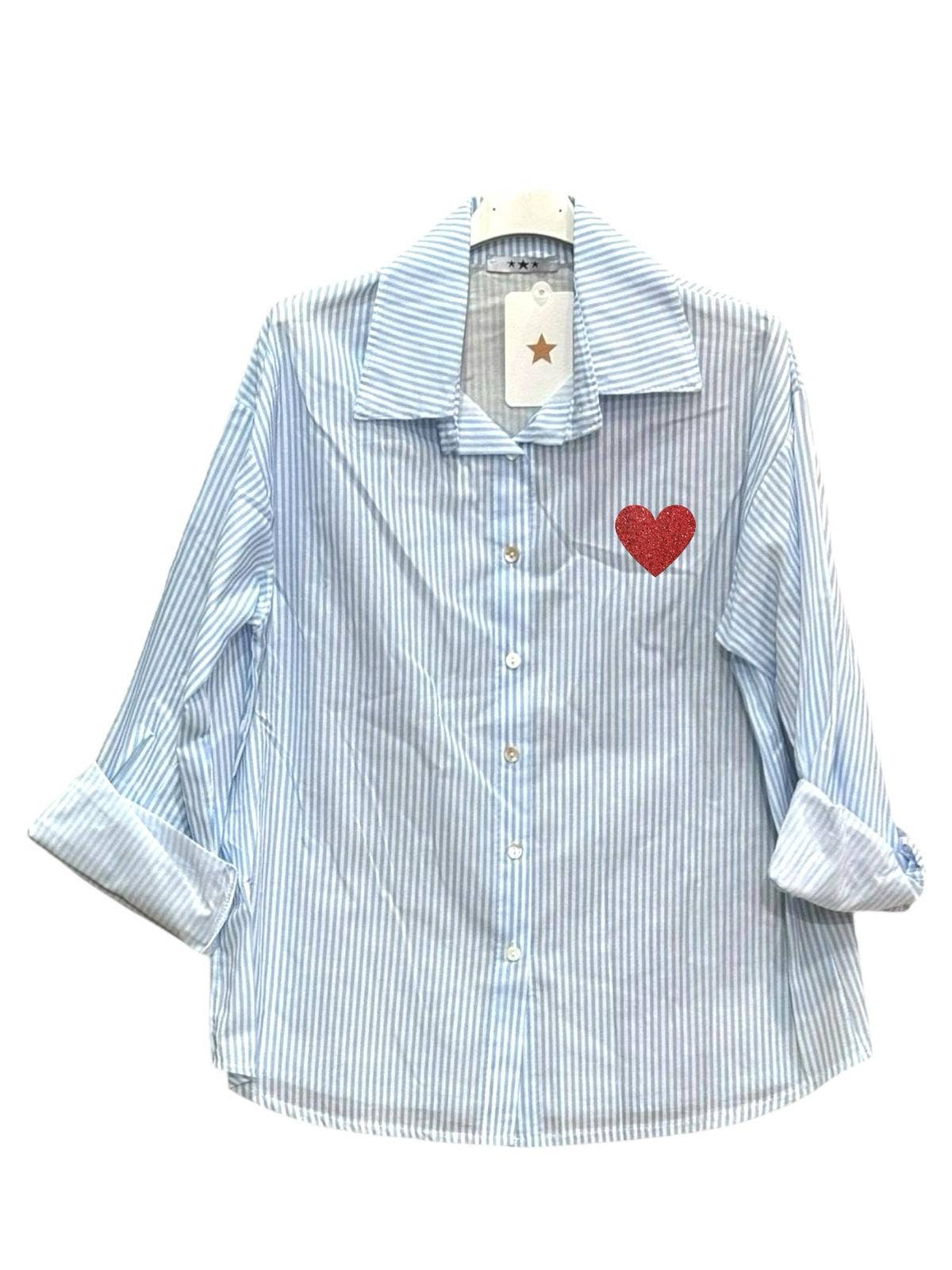 Moonsun - Vendita all'ingrosso Camicia button down - Donna - Camicia a righe in cotone con stampa a cuore7