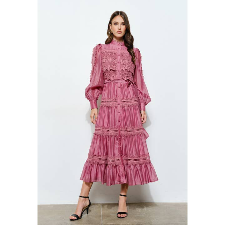 Satinmidiklänning med virkad spetsdetalj för wholesale av INA