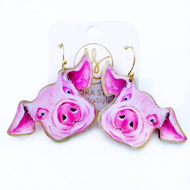 Pink Pig Green Hat Dangle Wood Hand Painted Charm Pierced Earrings Vintage 2" 