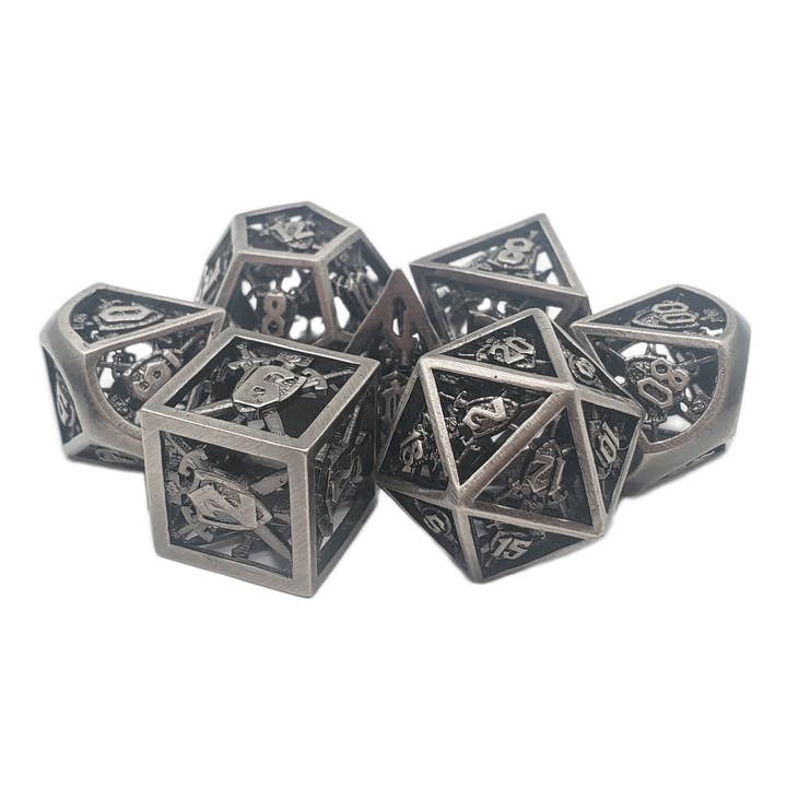 Hollow Metal 7-Piece Set - Sword & Shield - Brushed Silver for wholesale by Old School Dice