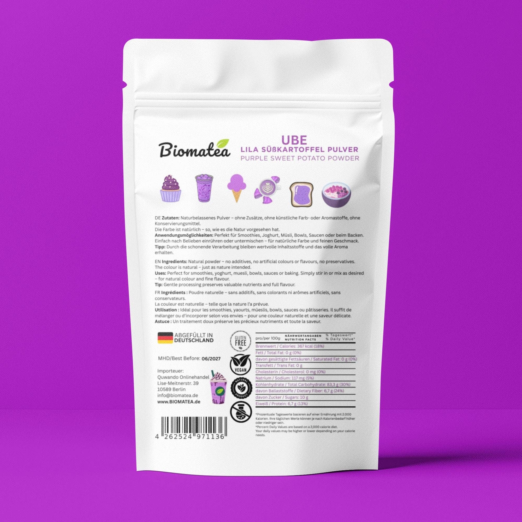 Biomatea – Großhandel Protein-/Superfood-Pulver – Lila Süßkartoffel Pulver 100 g – Premium Ube Powder, Purple Sweet Potato Powder, naturbelassen & rein7