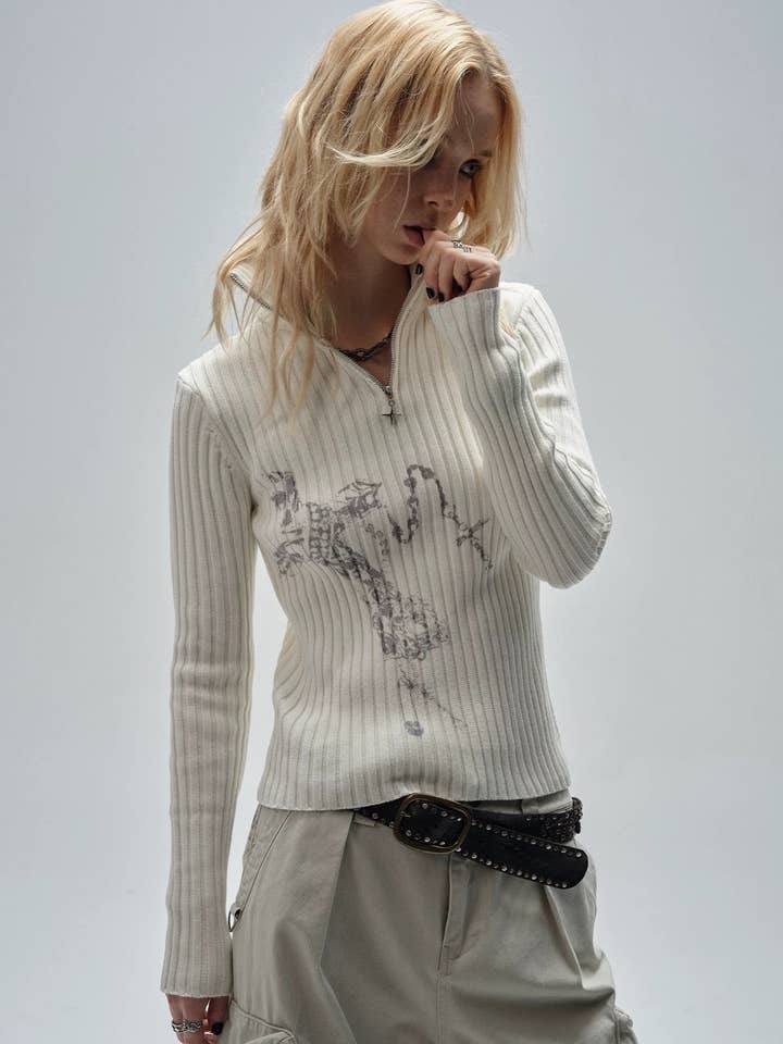 Abstract Print Ribbed Knit Half-Zip Sweater for wholesale by archive attire