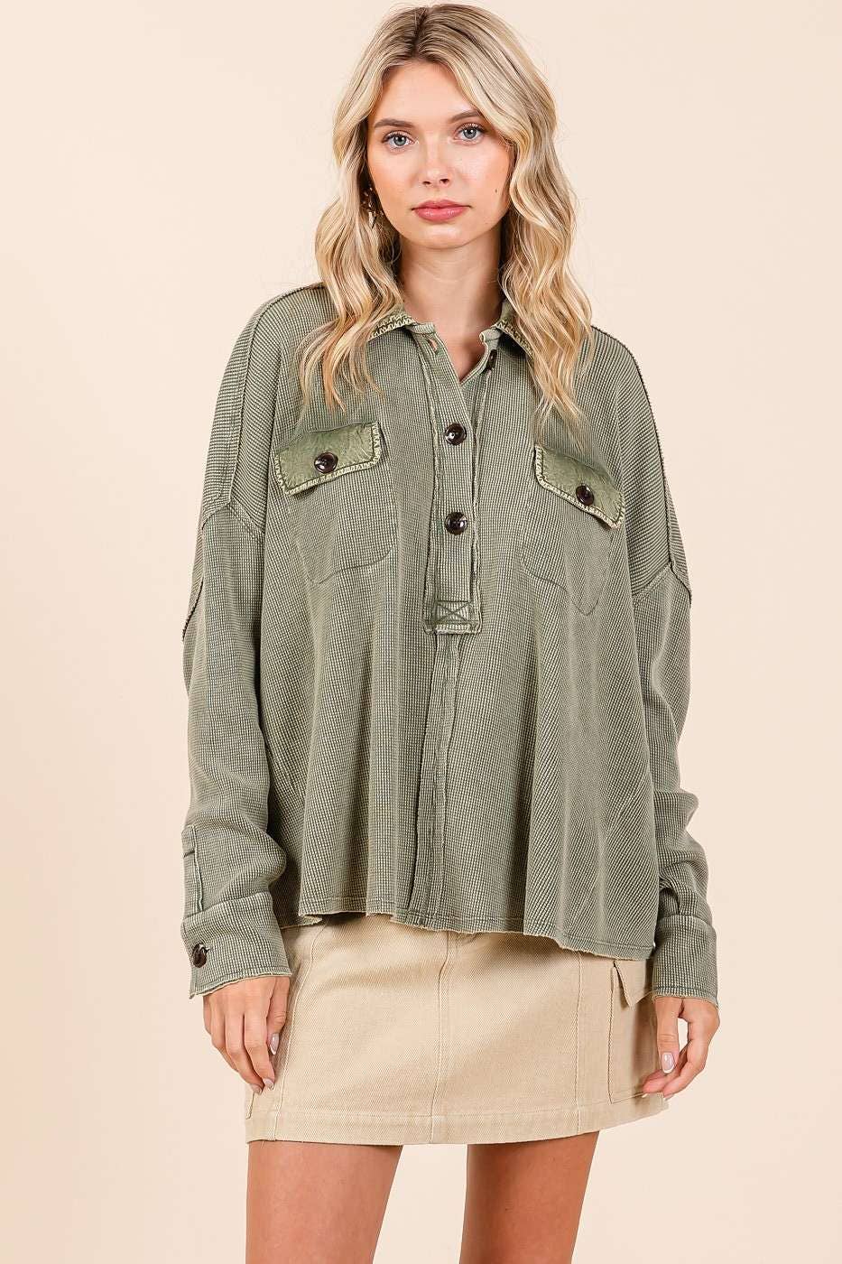 mittoshop - Vente Chemise à col boutonné – femme - HAUT HENLEY À COL GAUFRÉ DÉLAVÉ MINÉRAL13