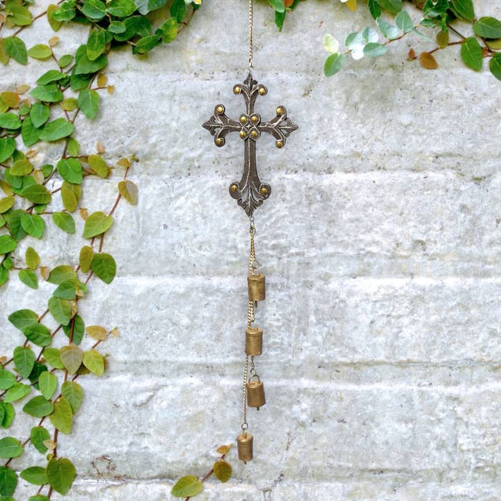 Wilco Home - Wholesale Wind chime - Ursaline Burgundy Wood Cross Hanging Chapel Bells Wind Chime1