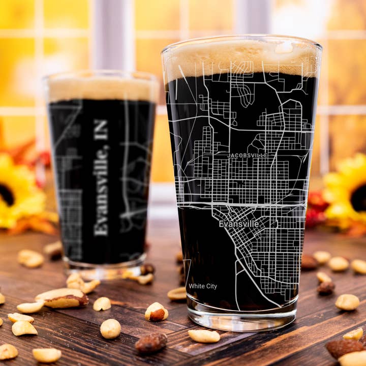 Evansville IN - Street Map - Engraved Pint Glass for wholesale by Blue Ridge Mountain Gifts