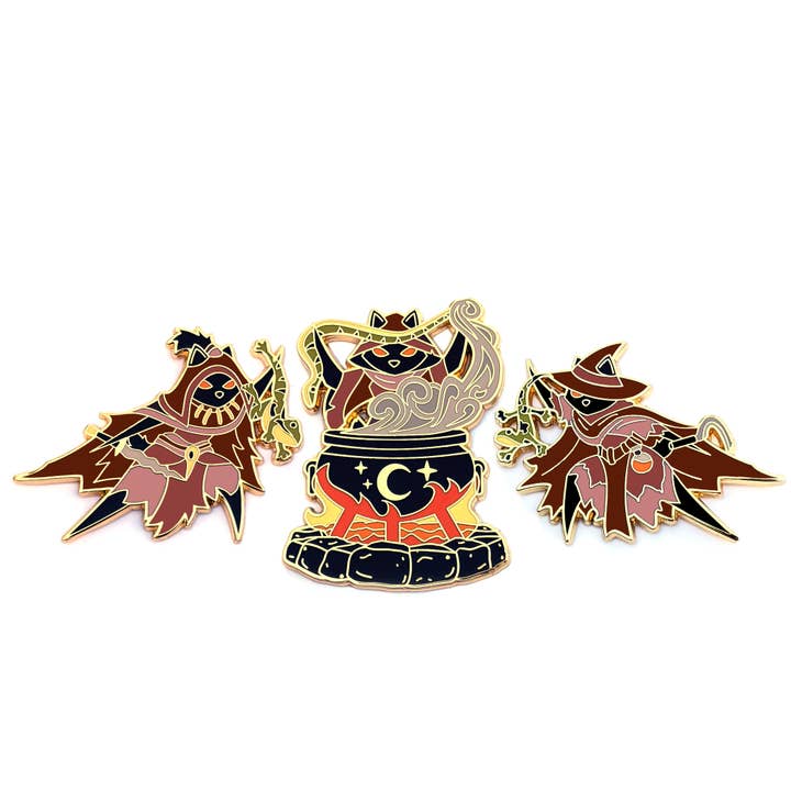 Frost Dragon Designs, LLC - Wholesale Lapel Pin/Button - Three Weird Sisters Set - Witch Cat Cauldron Pin - Macbeth - Hard Enamel Pin1