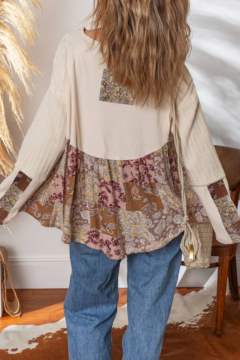 Beige Paisley Ethnic Print Contrast Patchwork Long Sleeve Loose Top for wholesale on Faire1