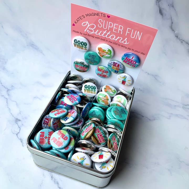 Beach Button Tin of 200 1" Buttons for wholesale by Kate's Magnets