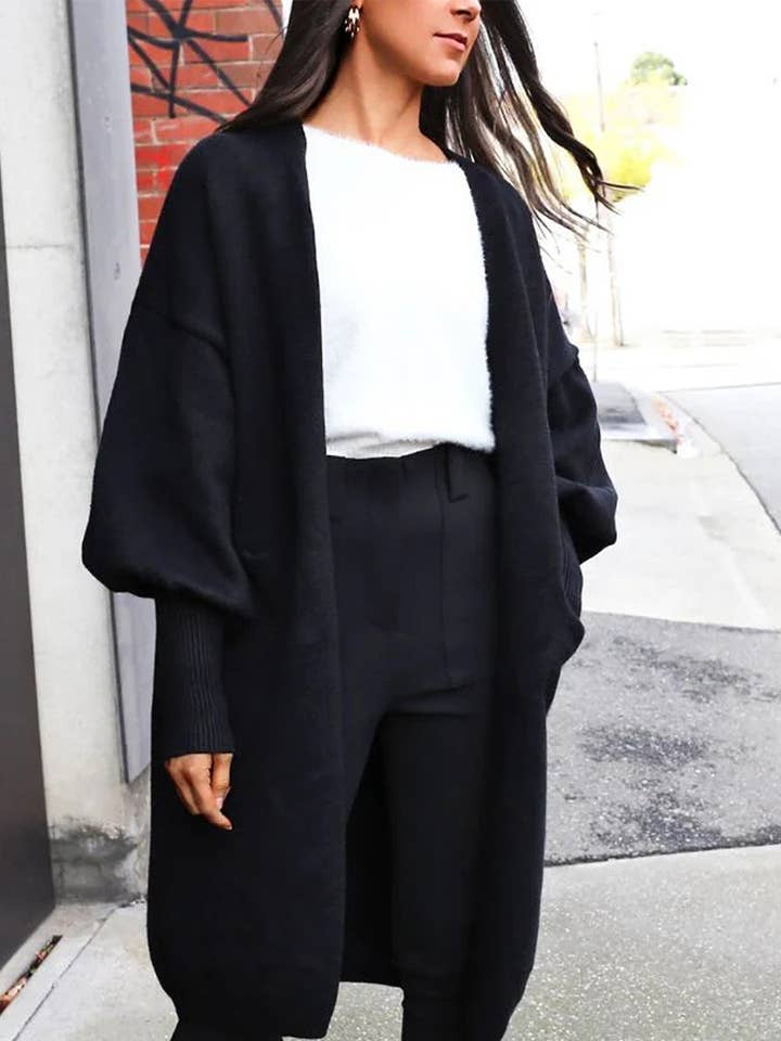 BLACK PUFFY SLEEVED BUTTON-DOWN SWEATER CARDIGAN for wholesale on Faire