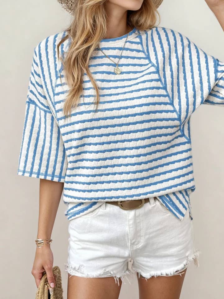 Noelle Textured Knit Split Hem Half Sleeve Top - Sky Blue for wholesale by Indie & Co. | Women's Apparel