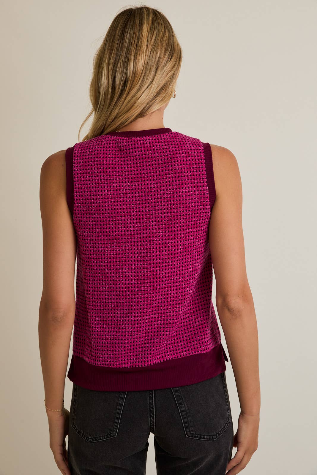 MAGENTA BURGUNDY ROUND NECK SLEEVELESS CONTRAST DETAIL TOP for wholesale on Faire3