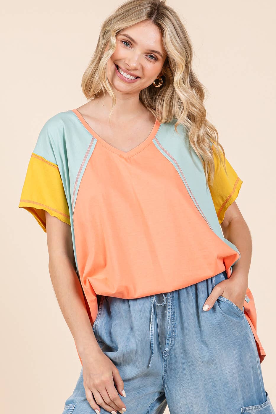 mittoshop – Túnica - Mulher por atacado – TOP DE MALHA DE MANGA CURTA EM BLOCO COLORIDO DE GRANDES DIMENSÕES11