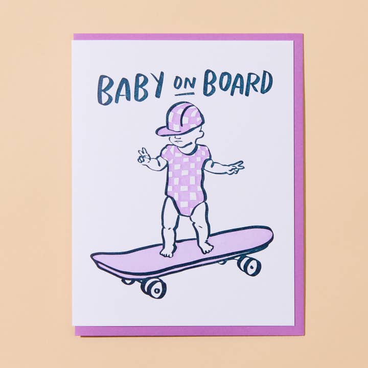 Baby on Board Skateboard Letterpress Baby Pregnancy Card- Made in USA for wholesale by And Here We Are